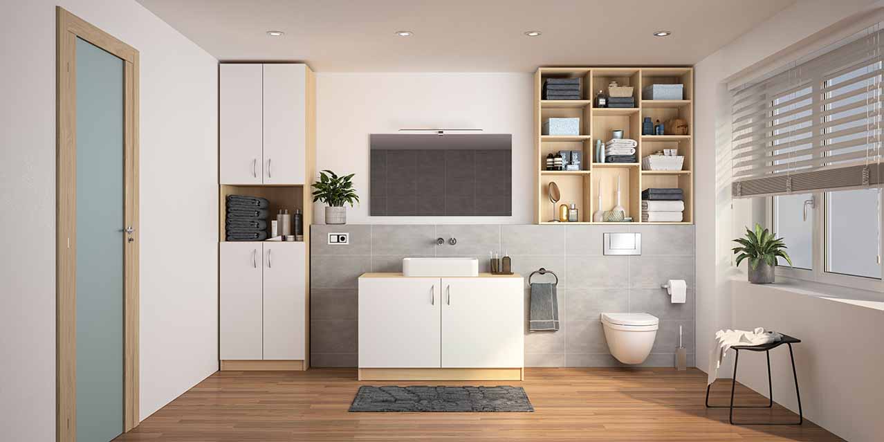Badkamer perfect inrichten: badkamerkasten op maat in beuken en wit