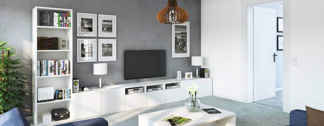 Tv lowboard op maat in wit met open en gesloten vakken