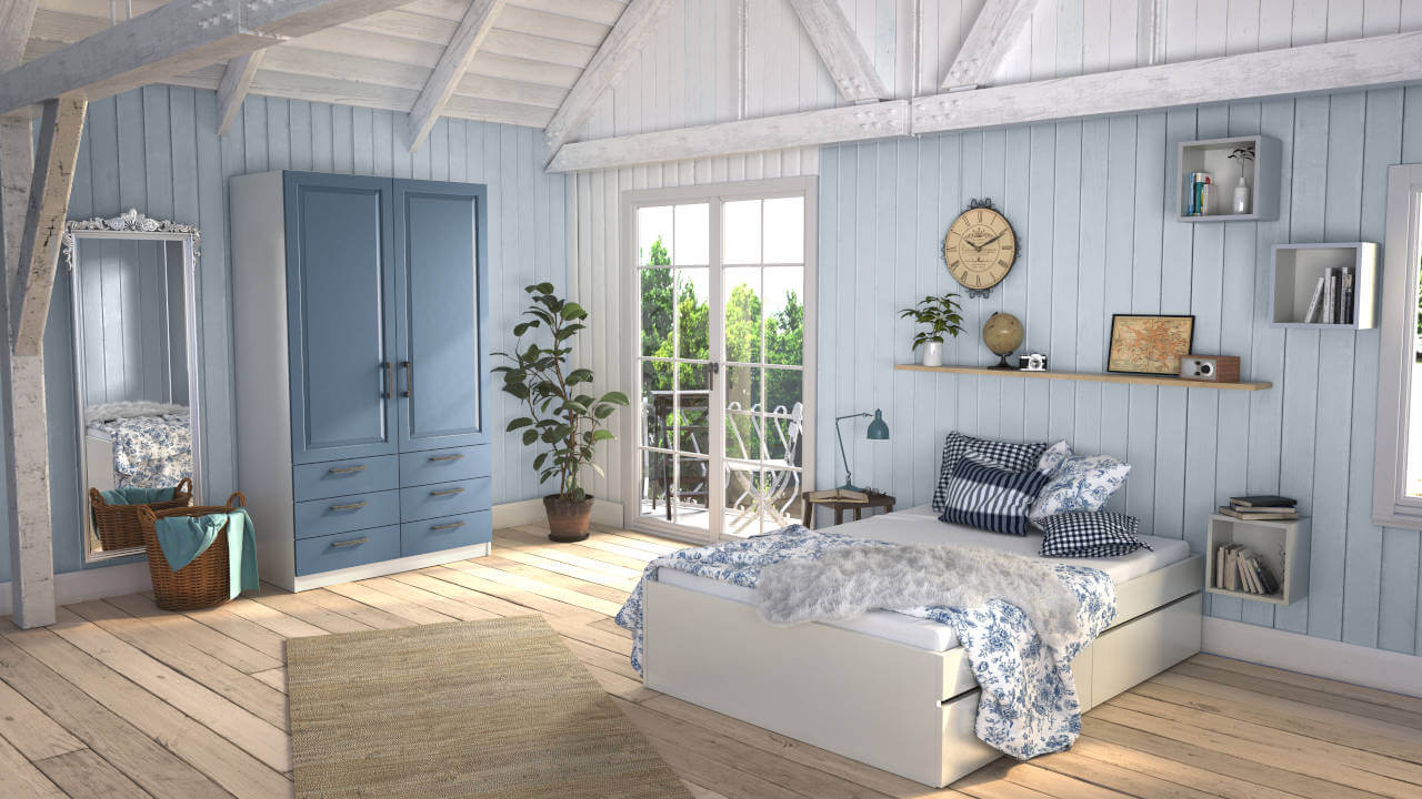 Slaapkamer met kledingkast op maat met kaderfront gelakt in duifblauw