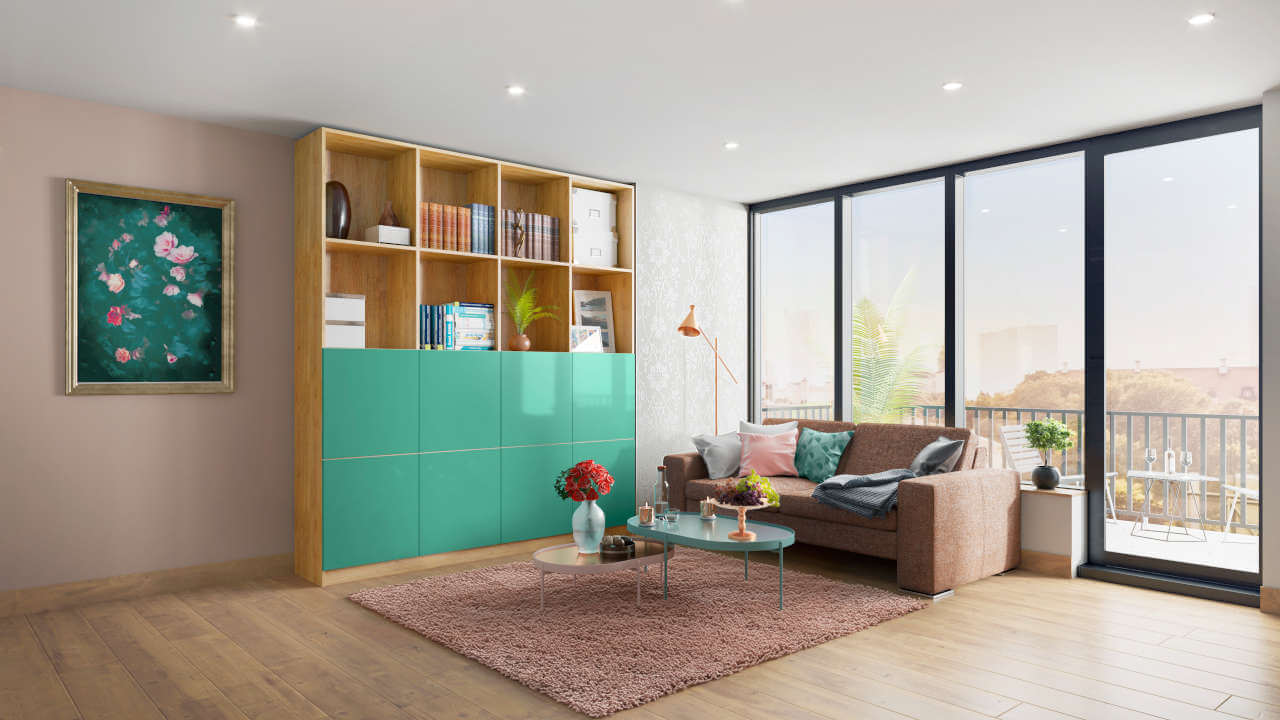 Woonkamerkast op maat in eiken country met deuren in munt-turquoise