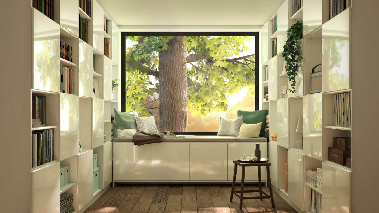 Wandkasten op maat met open en gesloten vakken en sideboard op maat in wit hoogglans